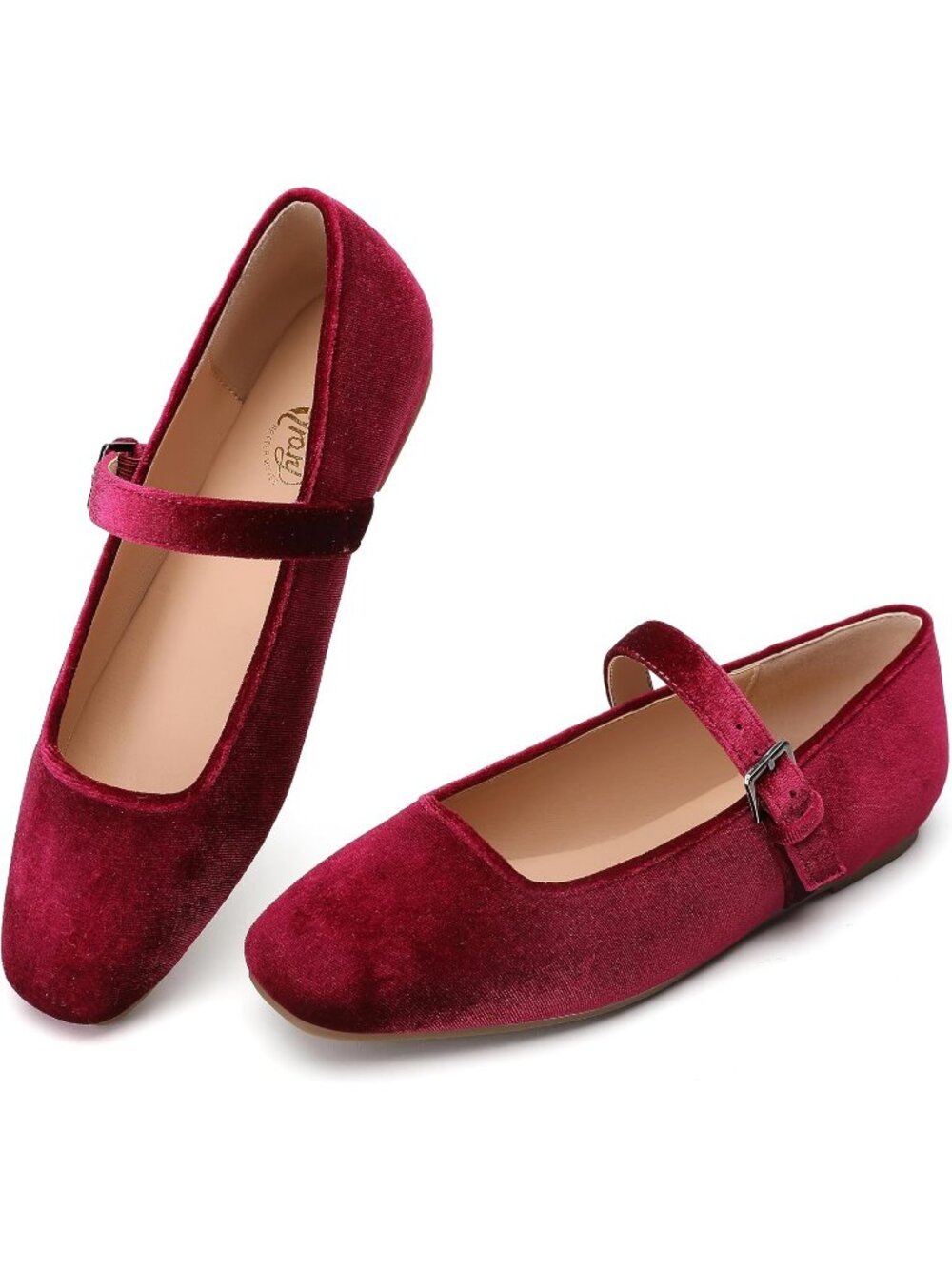 Women's Velvet Burgundy Comfortable Ankle Strap Square Toe Mary Jane Ballet Flat